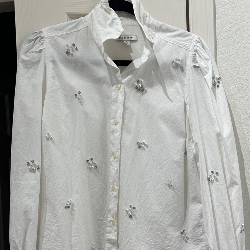 Embroidered Bead White Button-Down Shirt